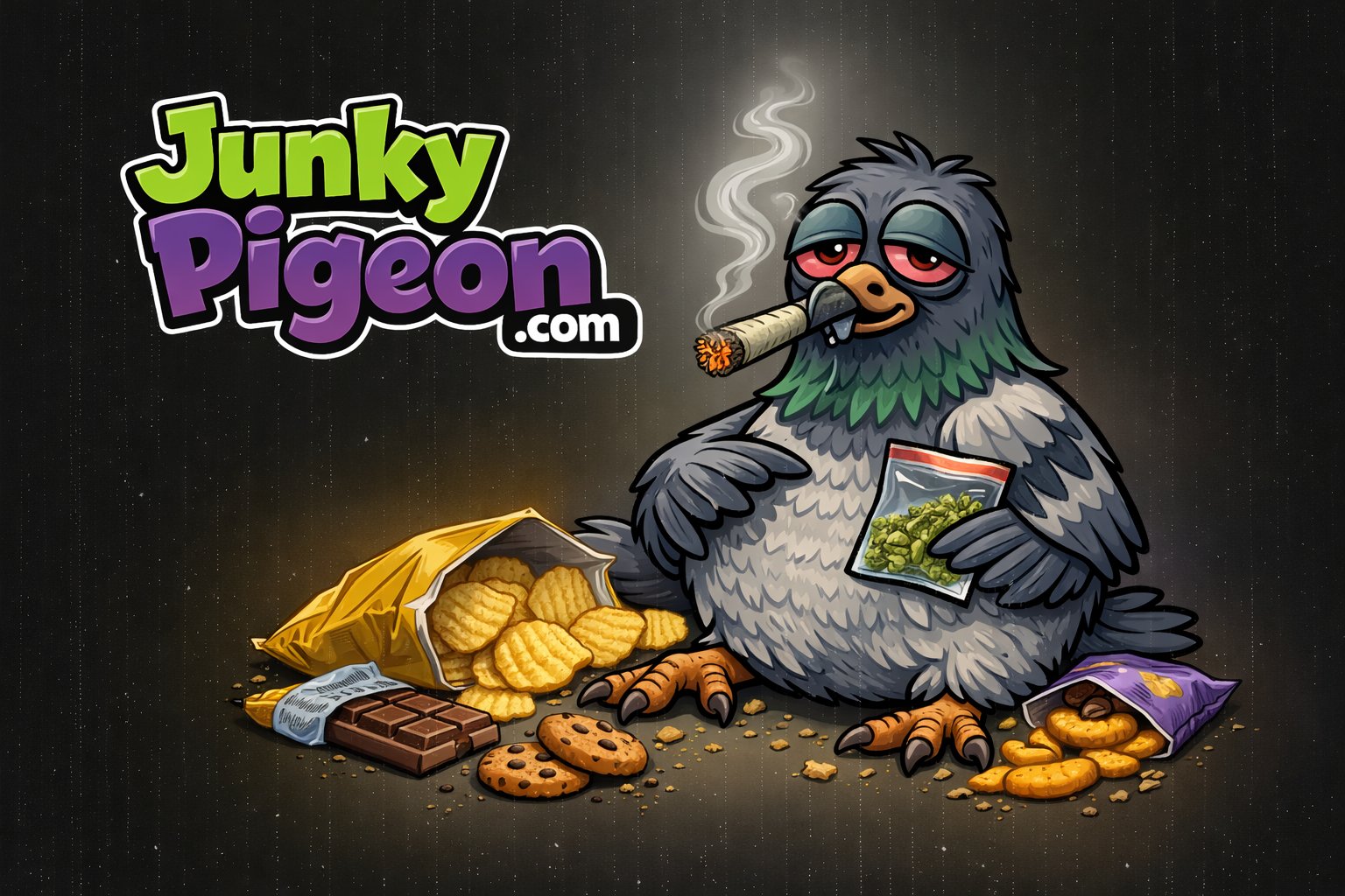 Junky Pigeon mascot – cheeky pigeon with snacks, the face of a bold UK clothing brand
